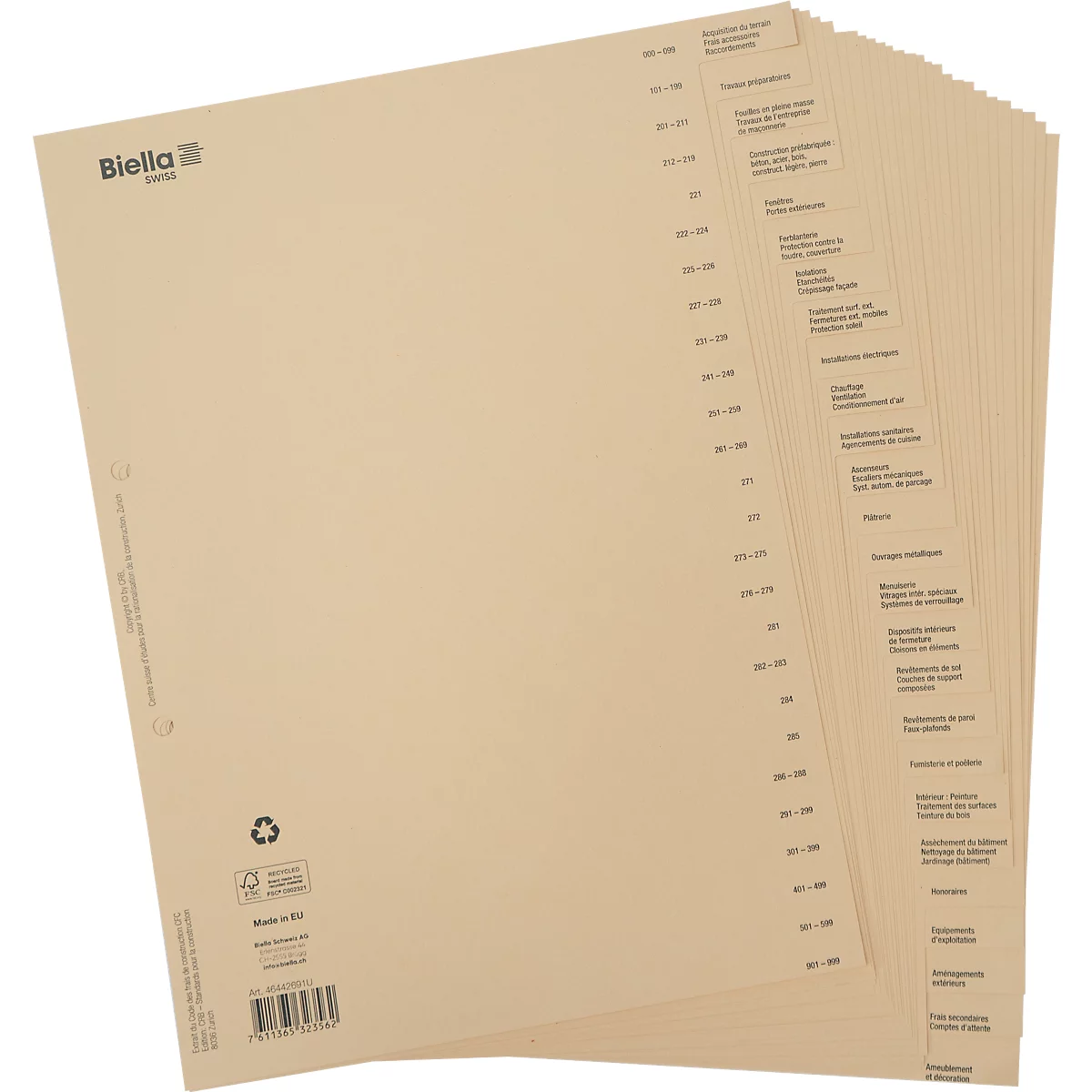 Fiches d'index brun clair imprimées avec du texte noir. Le papier porte le logo 'Biella'.