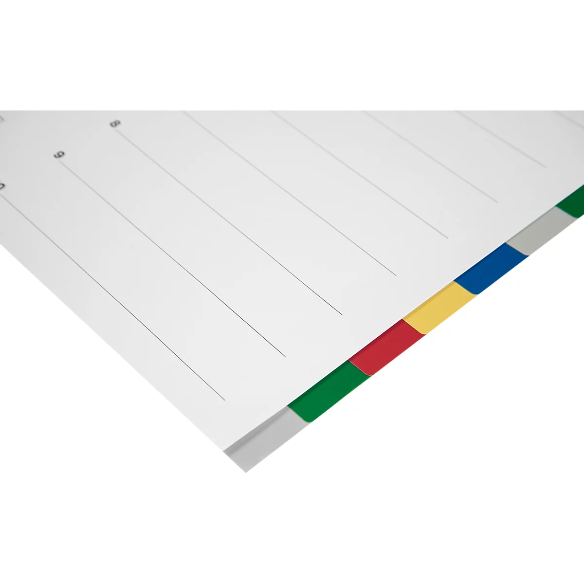 Gros plan sur un registre blanc avec des onglets colorés. Lignes grises et marques de trous sur les pages.