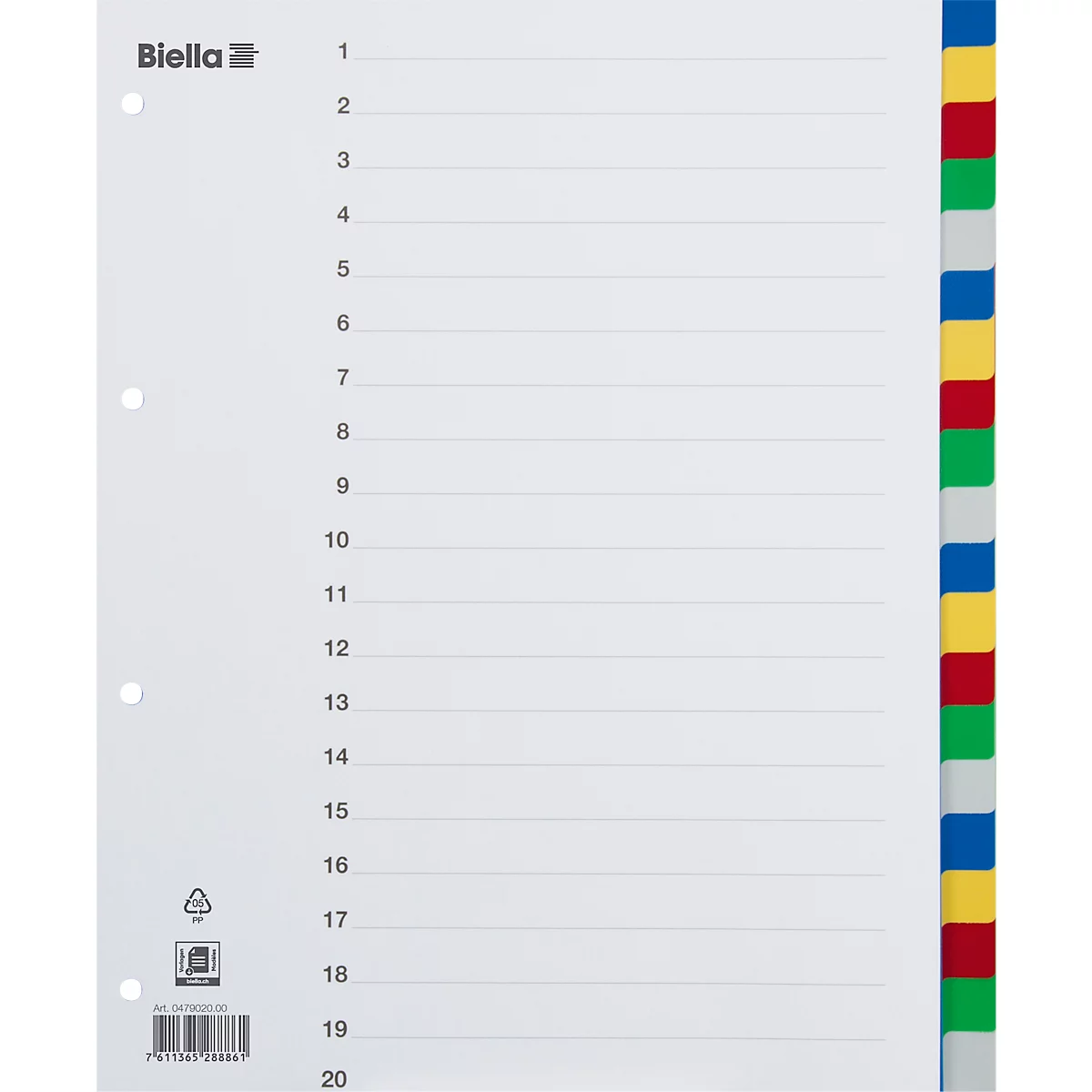 Un index blanc avec des onglets colorés. 20 lignes sont numérotées sur le papier.