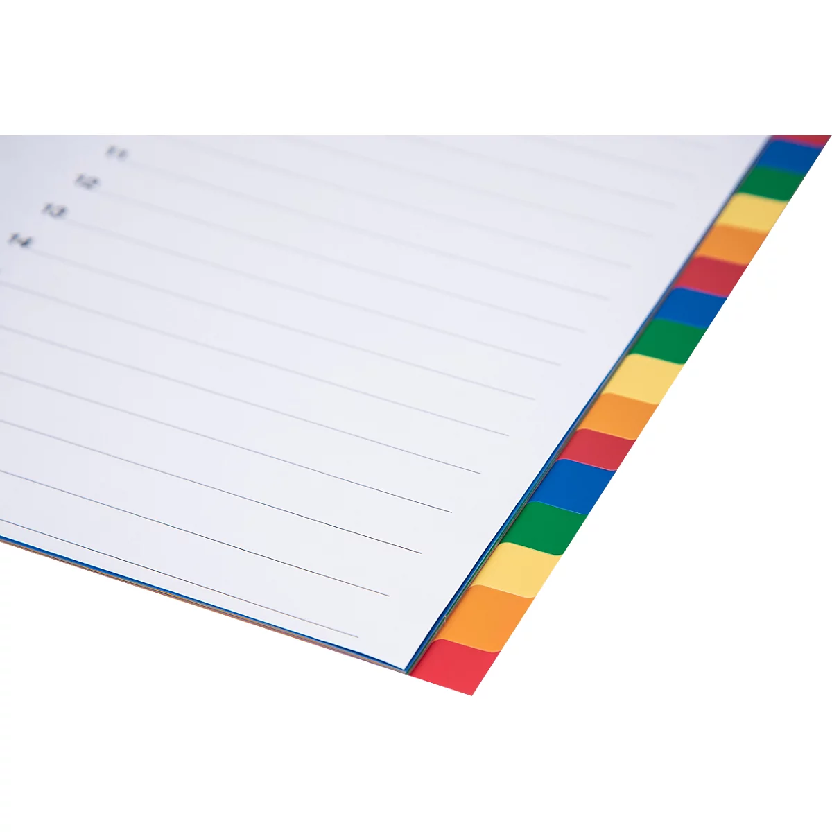 Gros plan sur un carnet ouvert avec des onglets colorés et des pages lignées. Numérotation 11 à 14 visible.