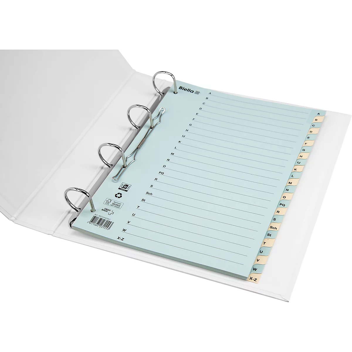 Classeur blanc ouvert avec table des matières bleu clair et onglets.