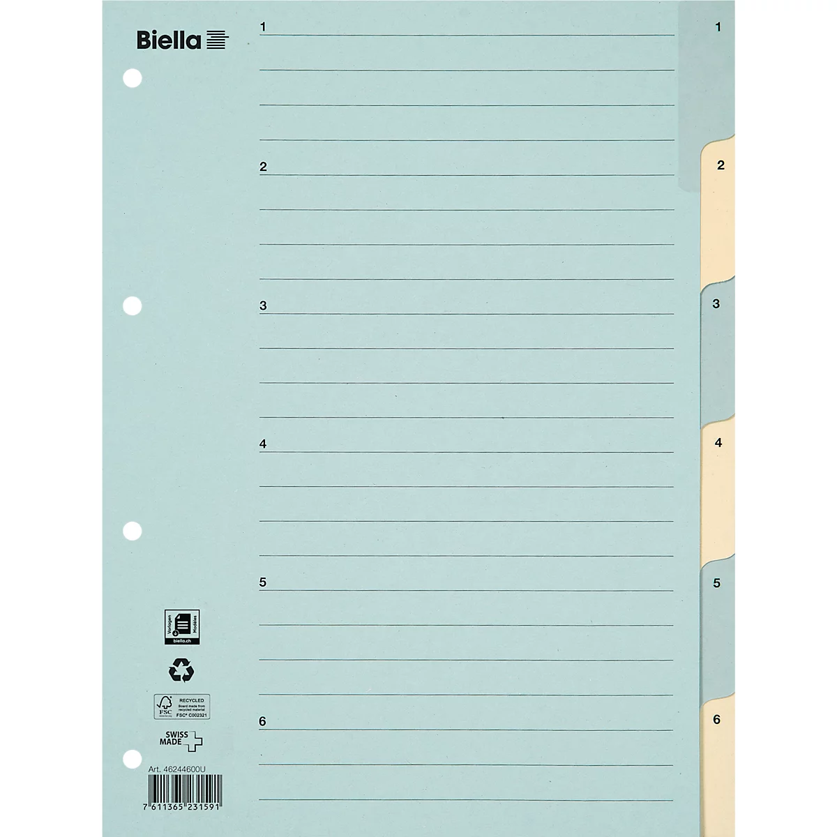 Papier ligné bleu clair avec onglets et marquages de 1 à 6. Avec le logo Biella, perforation et labels environnementaux.