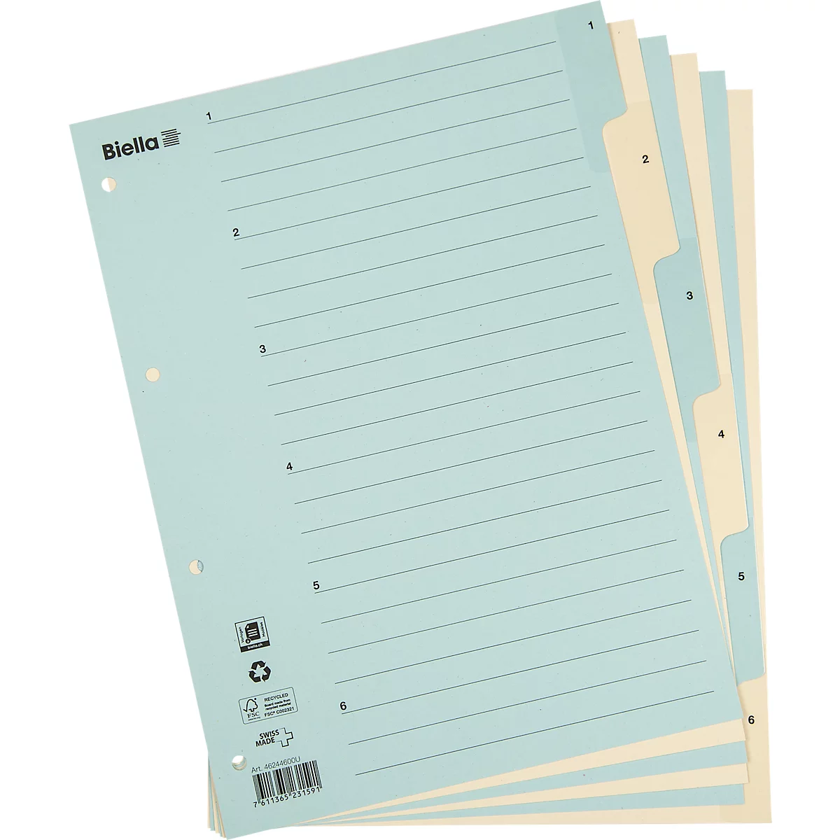 Registre bleu clair avec lignes d'écriture, séparateurs jaunes et étiquettes. Logo de la marque Biella en haut à gauche.