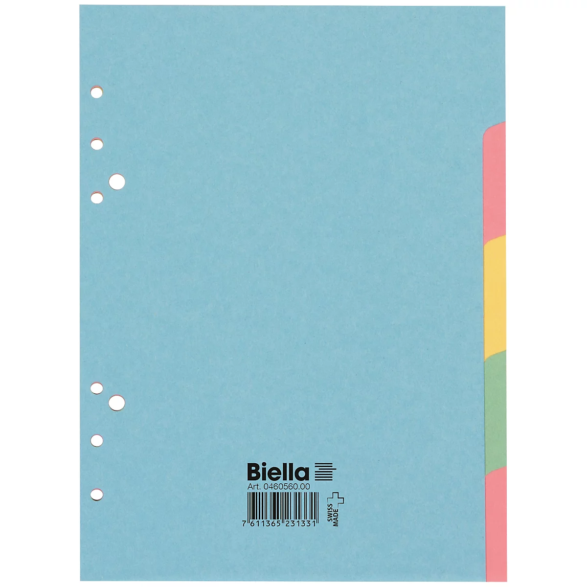 Séparateur de fichiers bleu avec onglets colorés et logo de la marque, perforé à gauche.