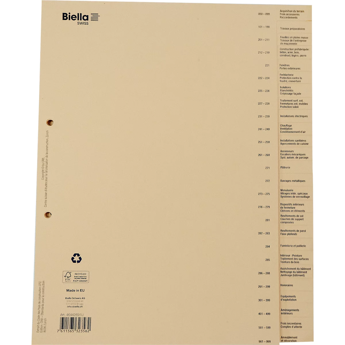 Onglet beige avec perforations et étiquetage. Inscription : 'Biella swiss'. Plusieurs subdivisions avec texte.