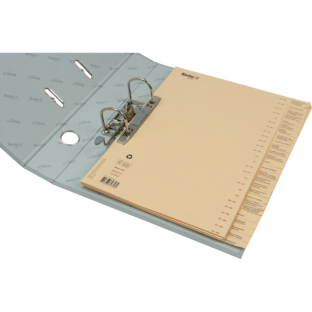 Classeur bleu clair avec papier beige, mécanisme à anneaux métalliques, fond blanc.