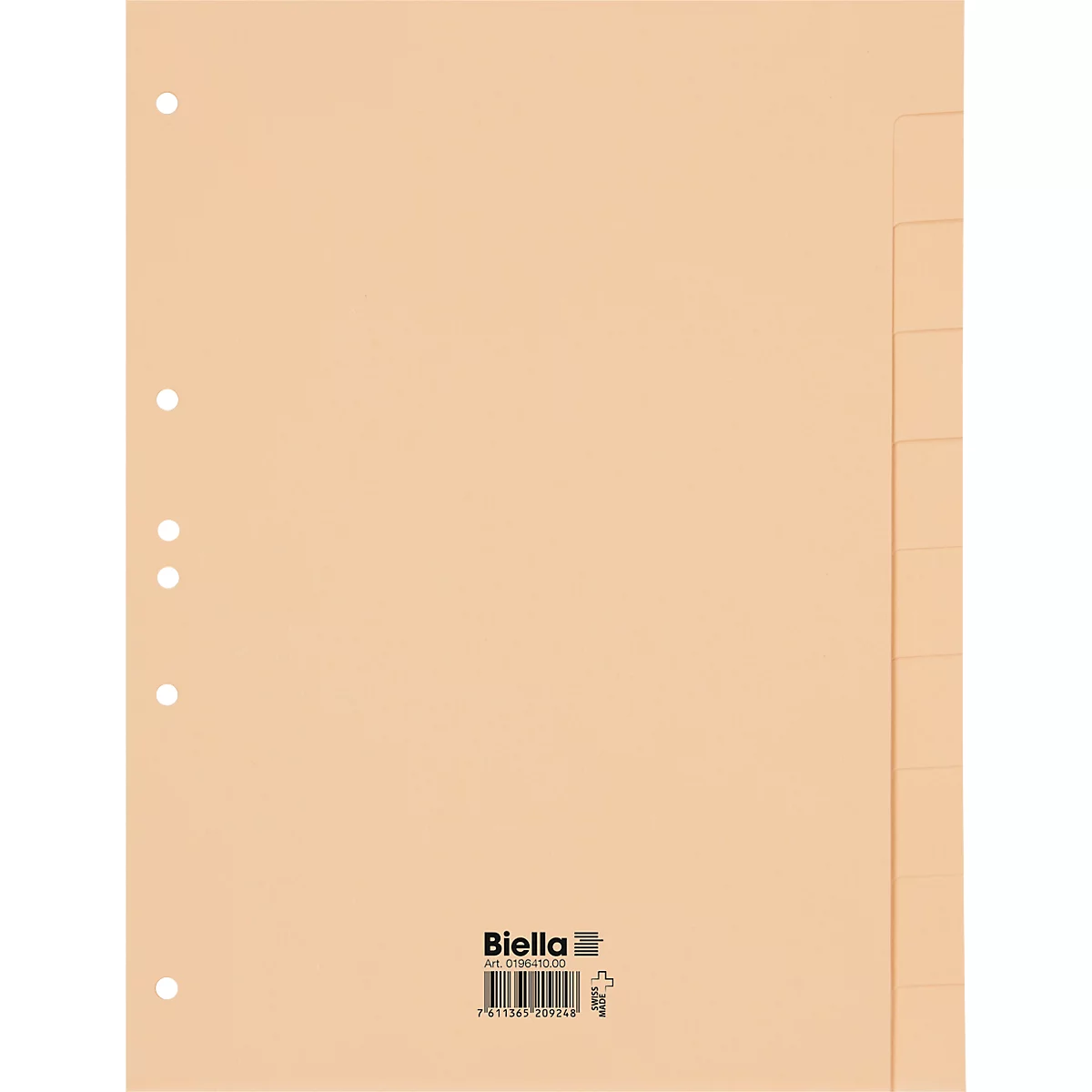 Chemise de dossier marron clair avec perforations et séparateurs. Nom de marque imprimé : Biella.