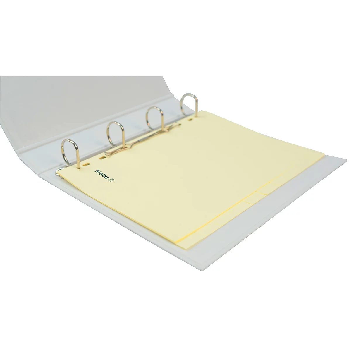 Classeur blanc ouvert avec des feuilles jaunes ; anneaux métalliques.