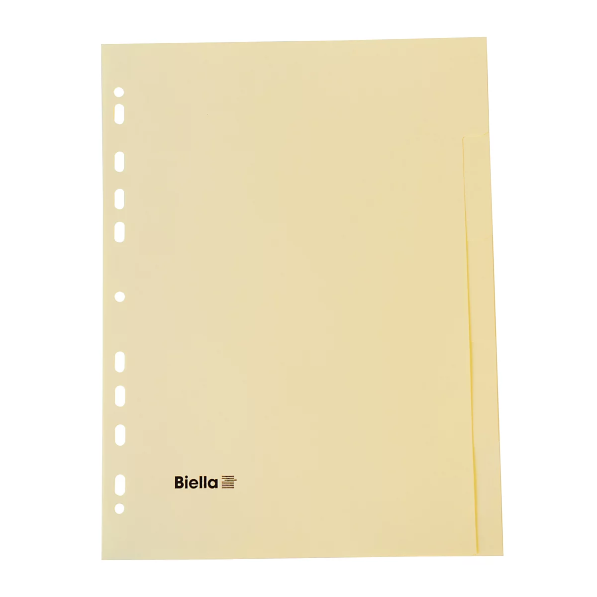 Pochette de document transparente jaune clair avec trous sur le bord. Le logo "Biella" est en bas à gauche.