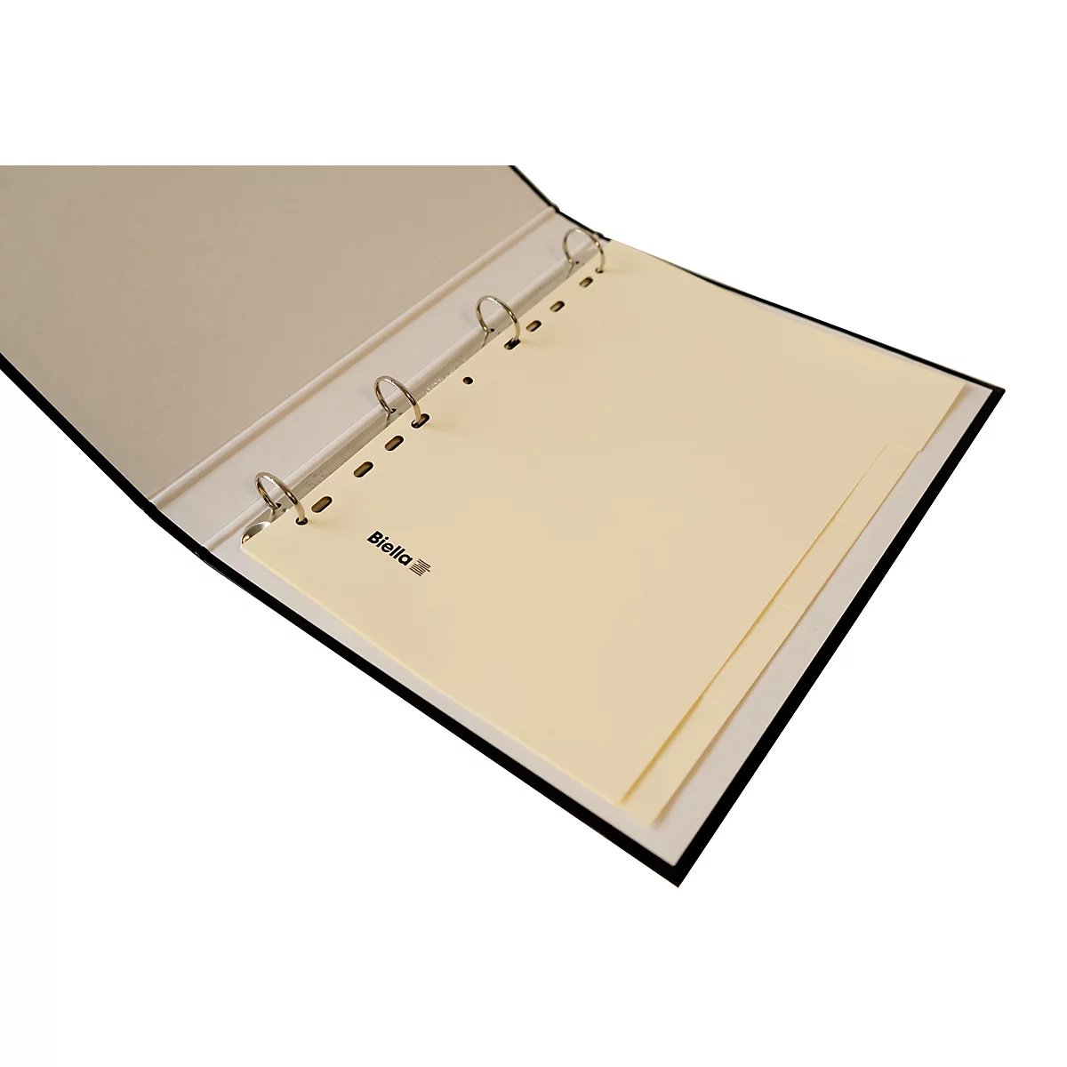 Classeur noir avec couverture ouverte. Papiers agrafés avec l'impression "Biella".