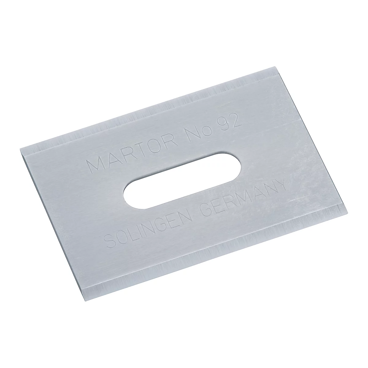 Gray, rectangular blade with oval hole in the center. Inscription: MARTOR No. 32 Solingen, Germany.