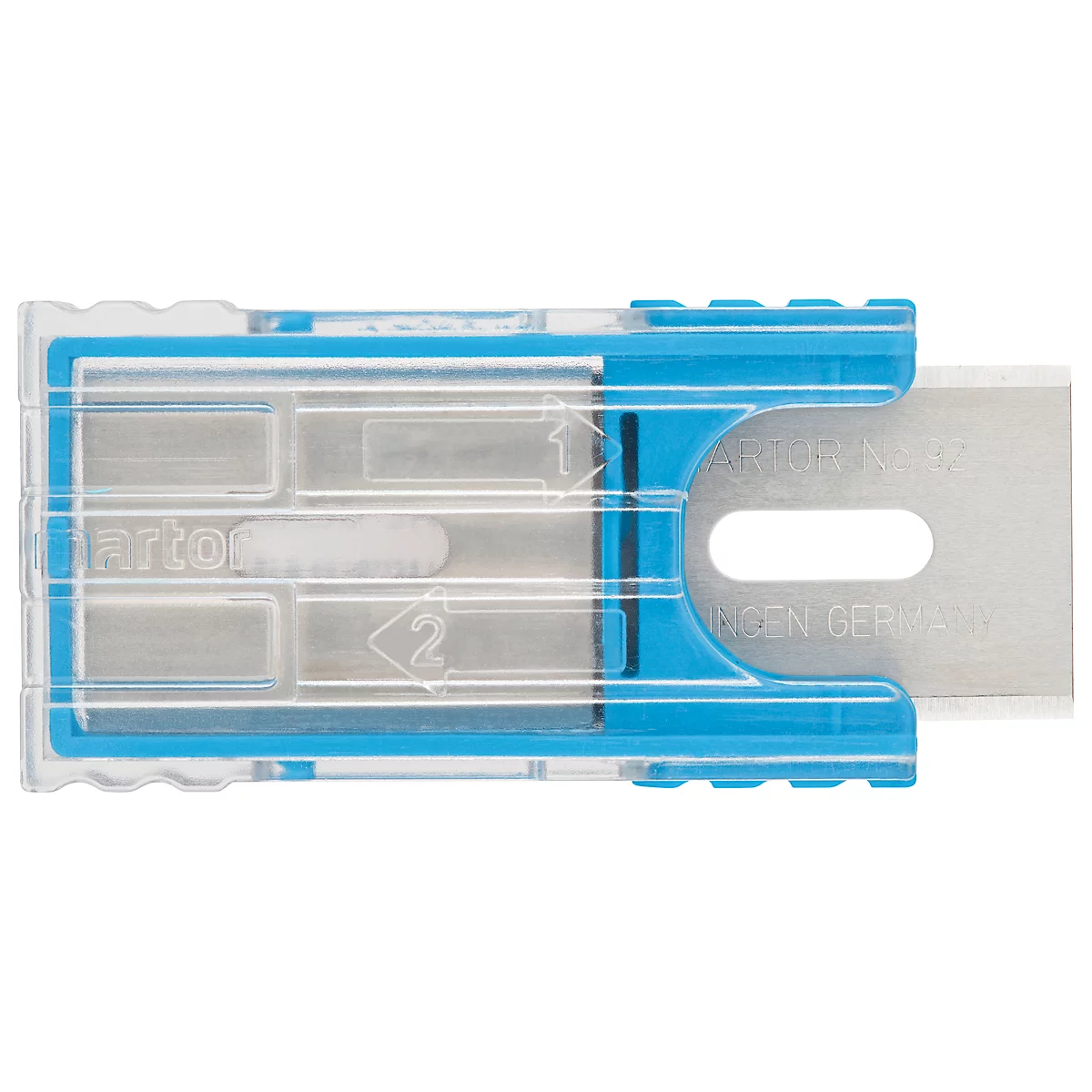 Close-up of a box cutter with a blue handle. The transparent housing encloses the blade, which is labeled with "Made in Germany."