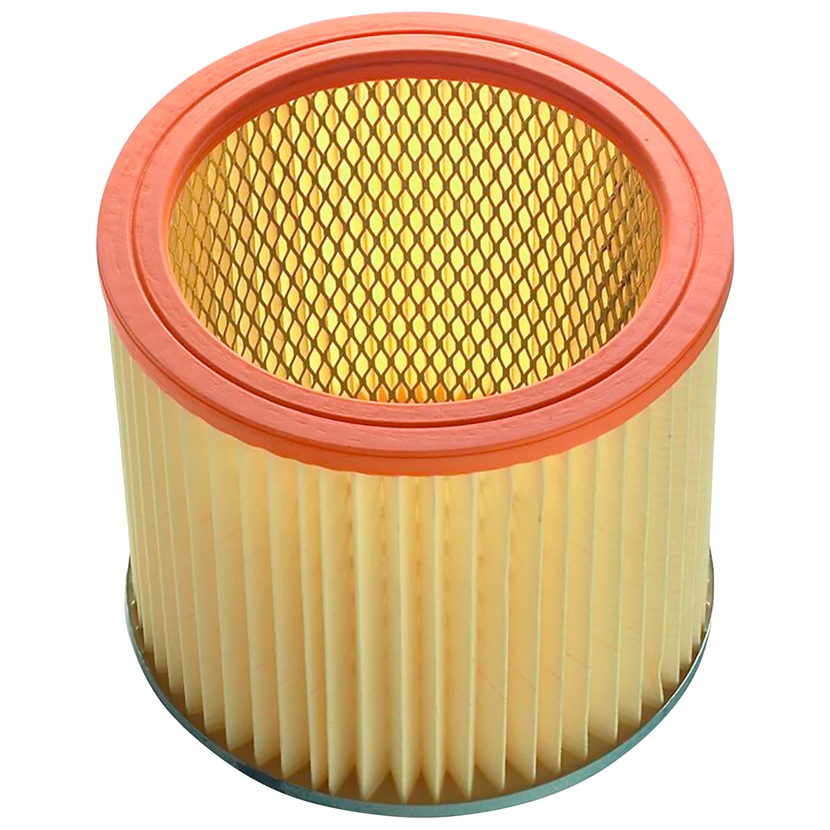 Air filter with orange rim and honeycomb pattern inside.