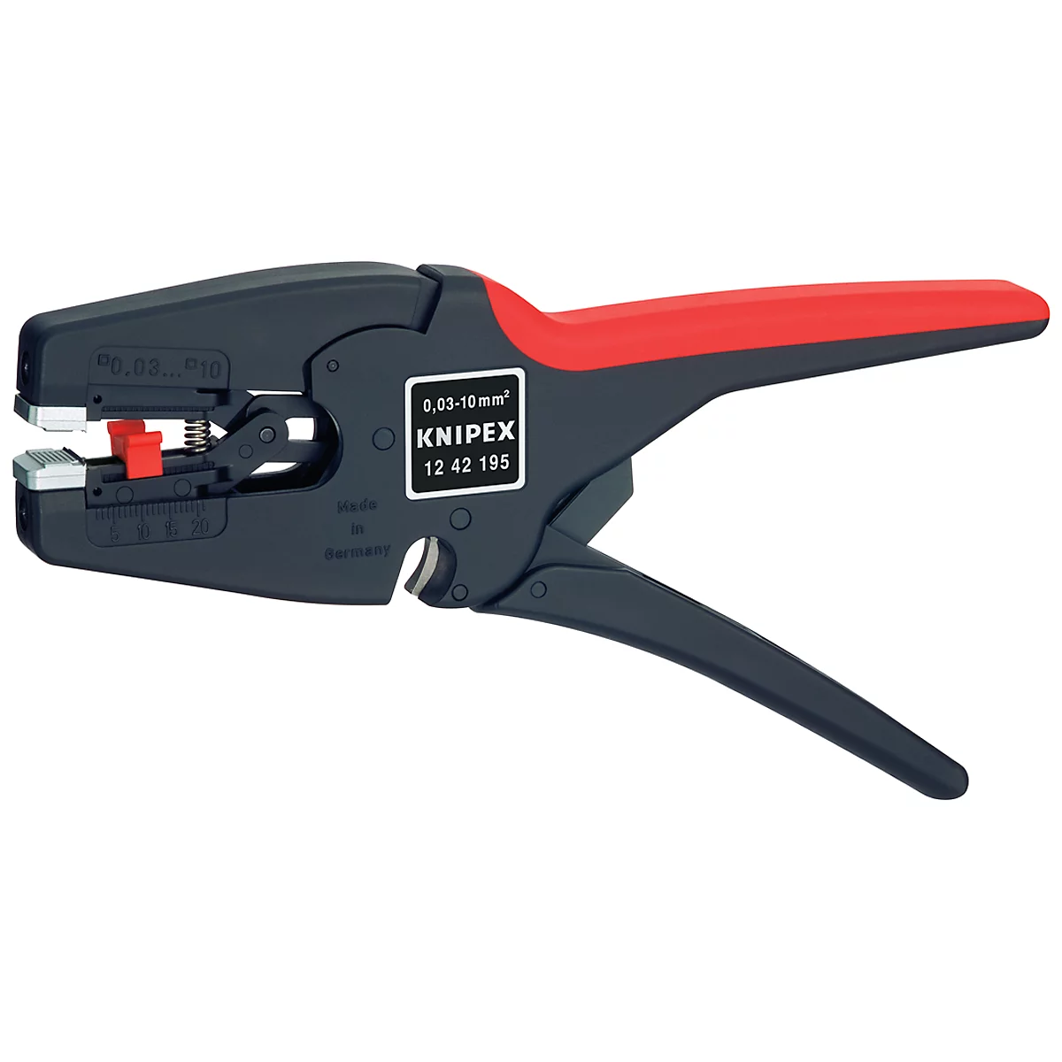 Close-up of a black and red wire stripper with the inscription 'KNIPEX 12 42 195'.