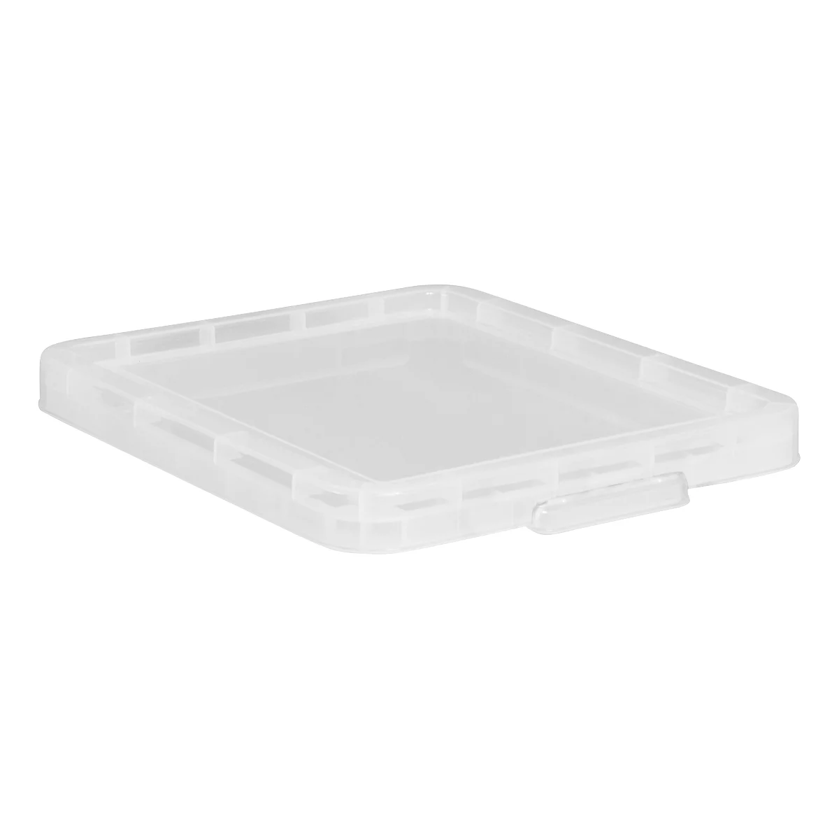 Transparent, rectangular plastic container. Lid with handle and openings for possible locking.