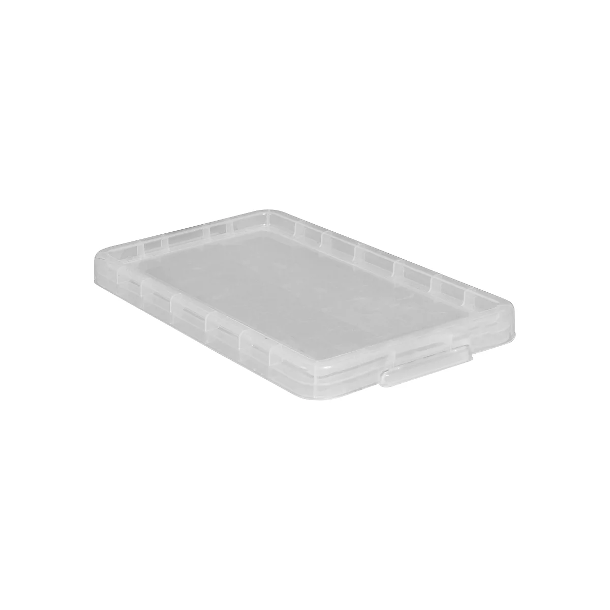 Transparent rectangular lid with ribbed sides. A small handle for opening is visible.