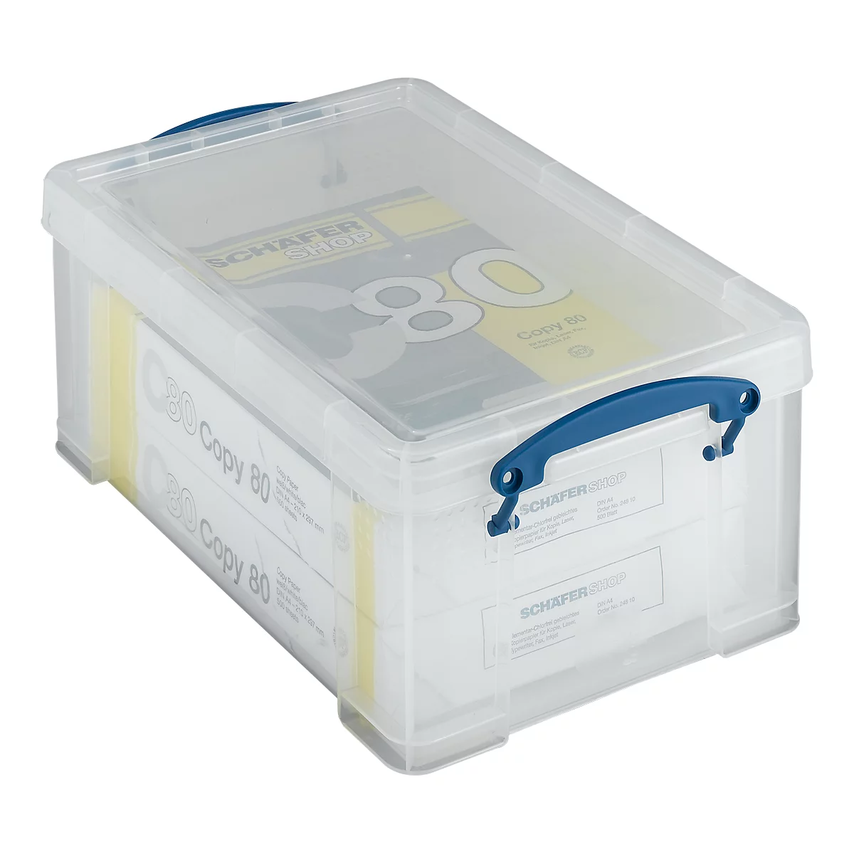 Transparent box with blue handle and lid, filled with paper. The lid says 'Copy 80'.