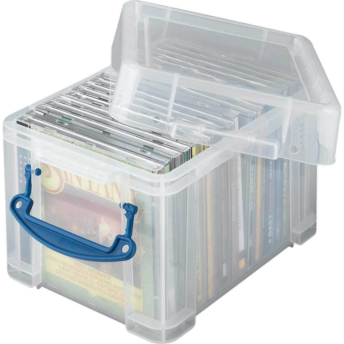 Clear plastic storage box, half open, filled with CDs. Blue handle. Lid slightly lifted.