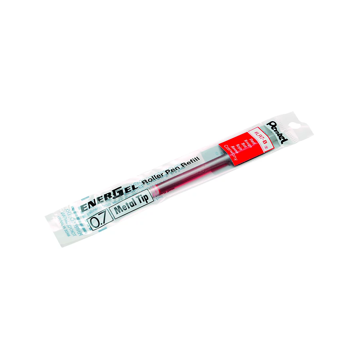 A red ballpoint pen refill in a clear plastic packaging. Printed text: Energiel Metal Tip 0.7.
