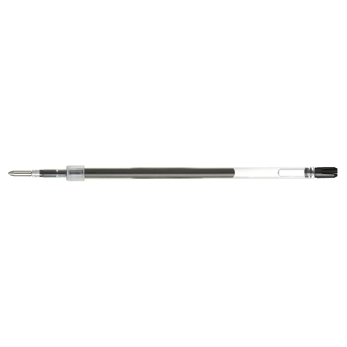 A pen refill for a ballpoint pen, made of metal and black ink. On a white background.