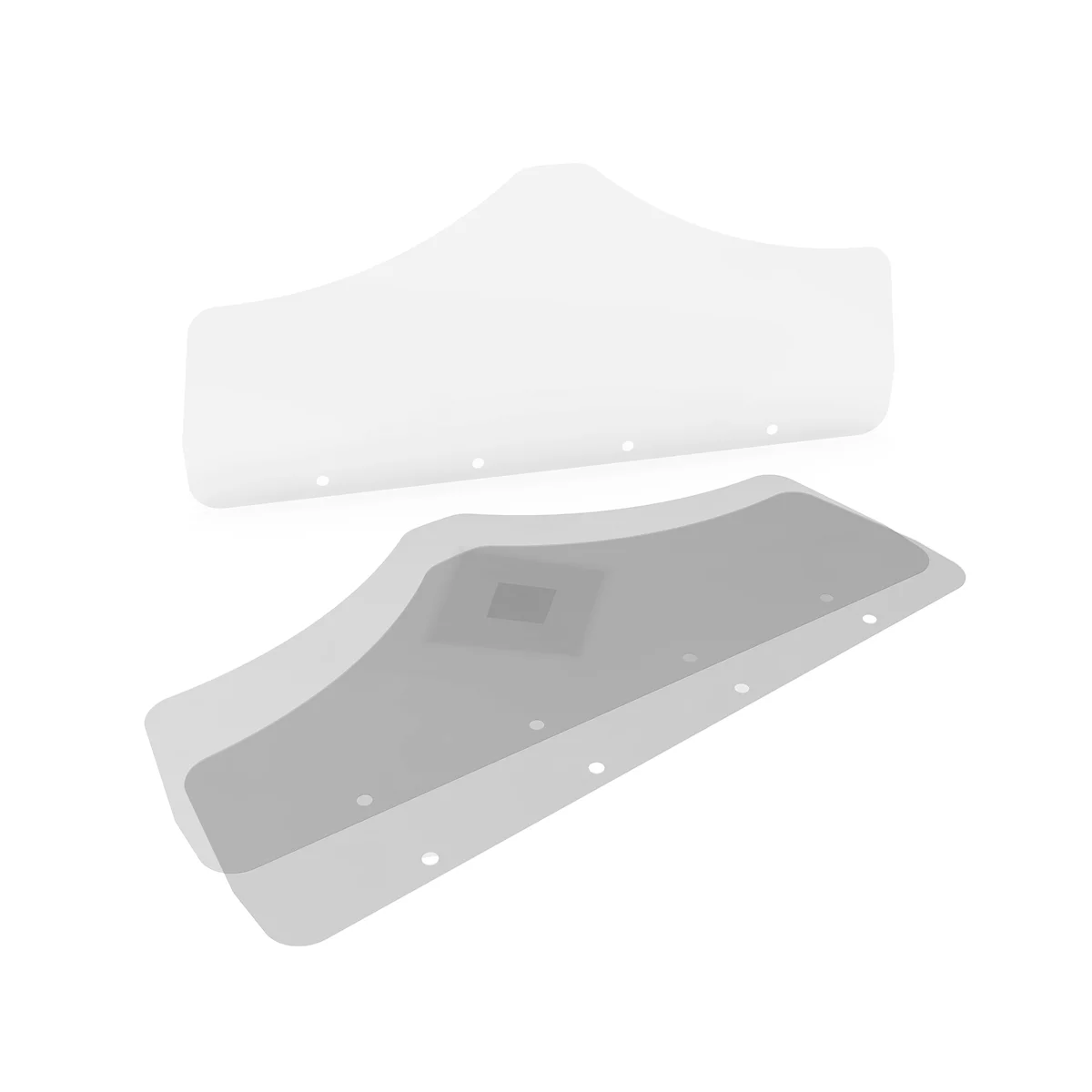 Two transparent plastic parts lie on top of each other. The top part is light, the bottom is gray.