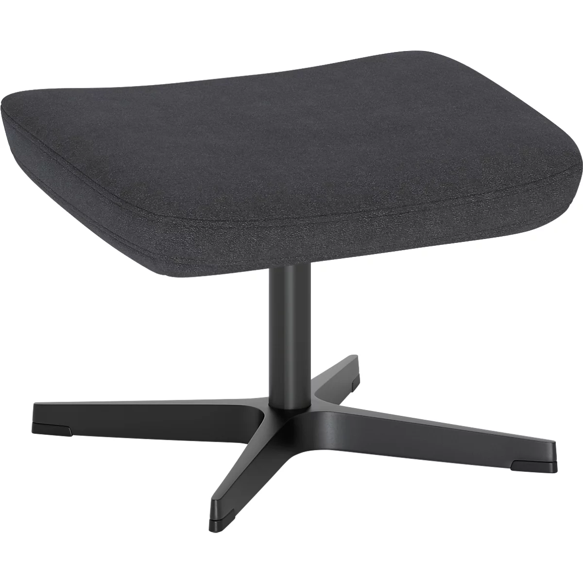 Repose-pieds rembourré gris foncé avec piétement en croix noir sur fond blanc.
