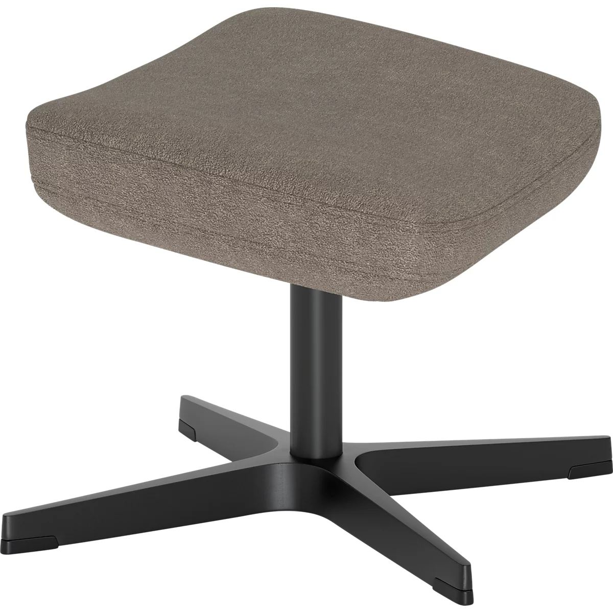 Tabouret rembourré beige avec assise carrée sur une base en métal noir à quatre pieds.