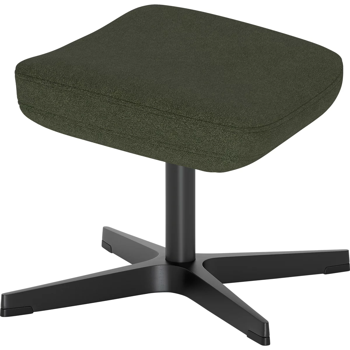 Un repose-pieds vert olive avec une base en croix en métal noir sur un fond blanc.