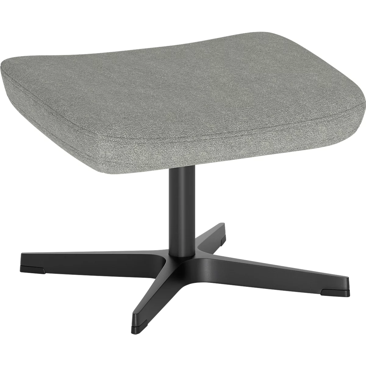 Tabouret avec assise rembourrée gris clair sur un pied en métal noir à quatre branches, fond blanc.