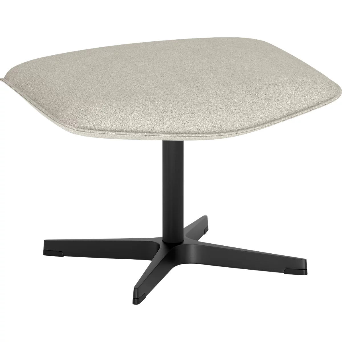 Un tabouret carré beige aux coins arrondis sur une base noire à quatre branches sur fond blanc.