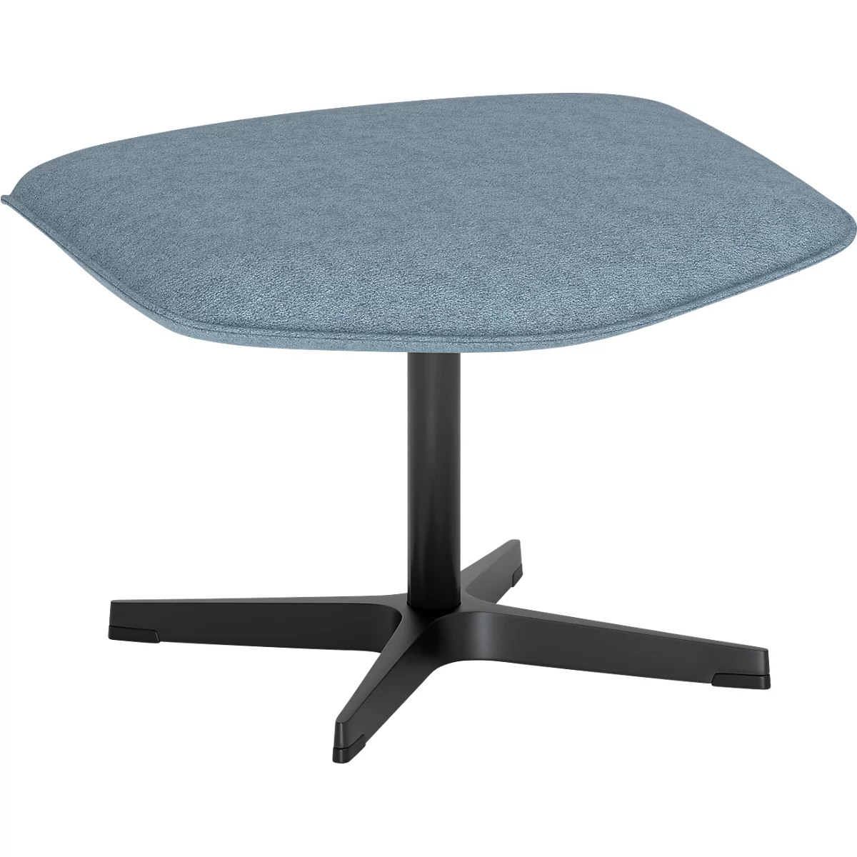 Un pouf rembourré bleu avec un piètement en étoile noir sur fond blanc.