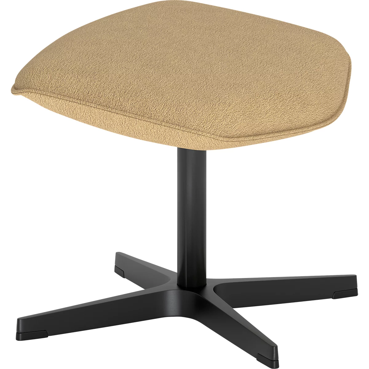Un repose-pieds moderne avec un coussin en tissu beige clair sur un piètement en étoile noir.