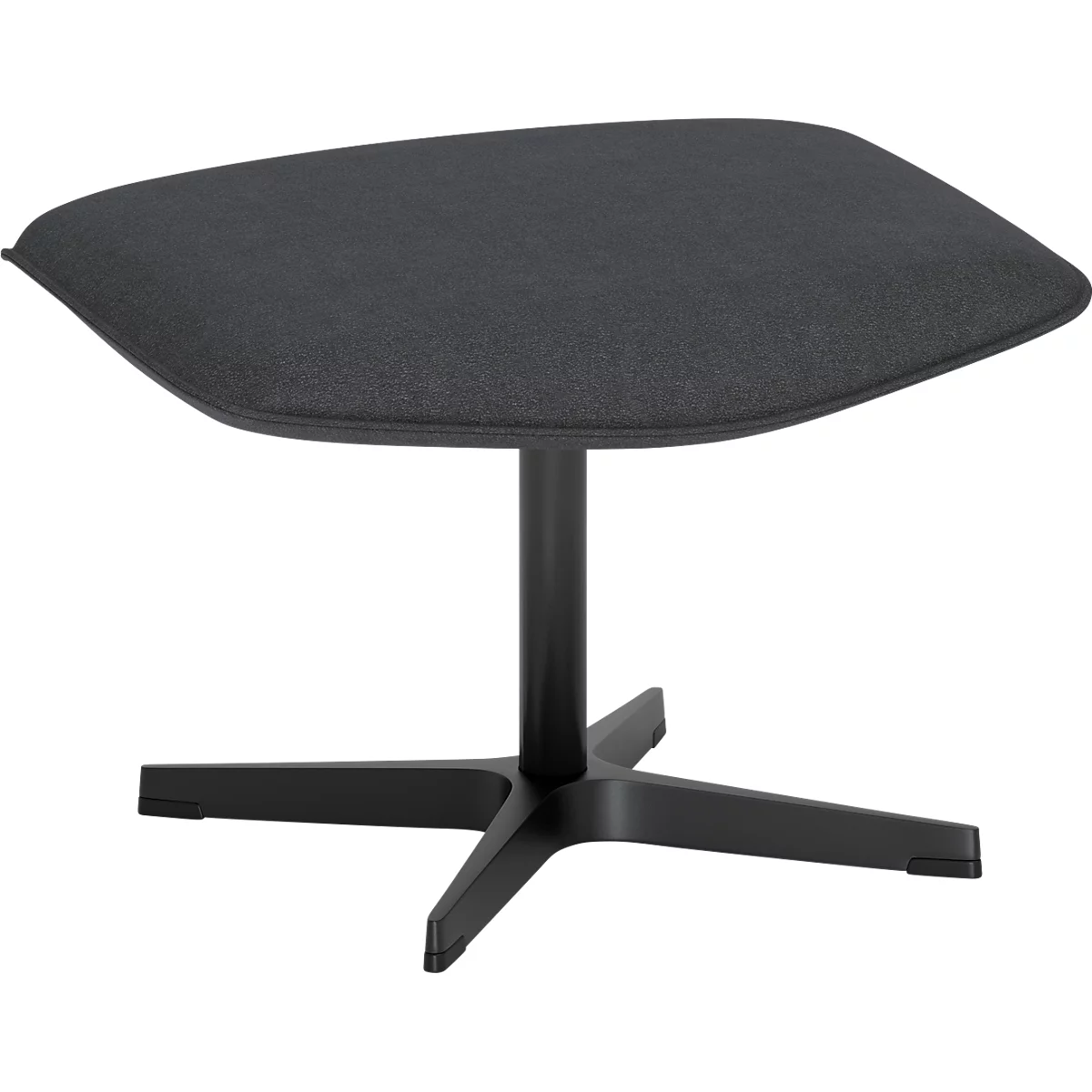 Repose-pieds rembourré gris foncé avec un piètement croisé noir sur fond blanc.