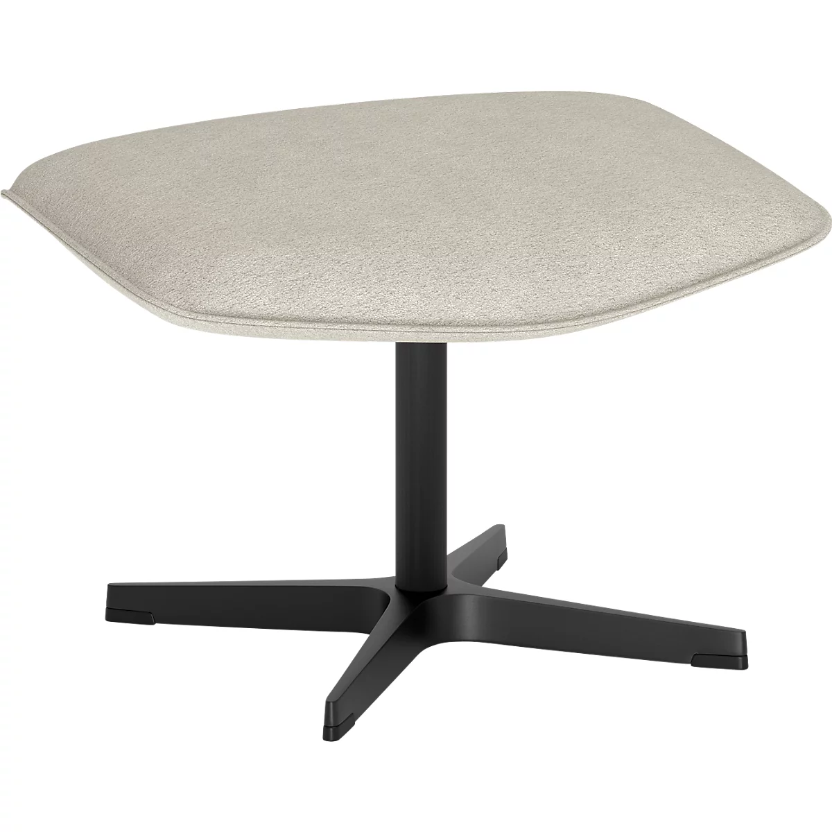 Repose-pieds avec coussin beige et base noire à quatre pieds sur fond blanc.