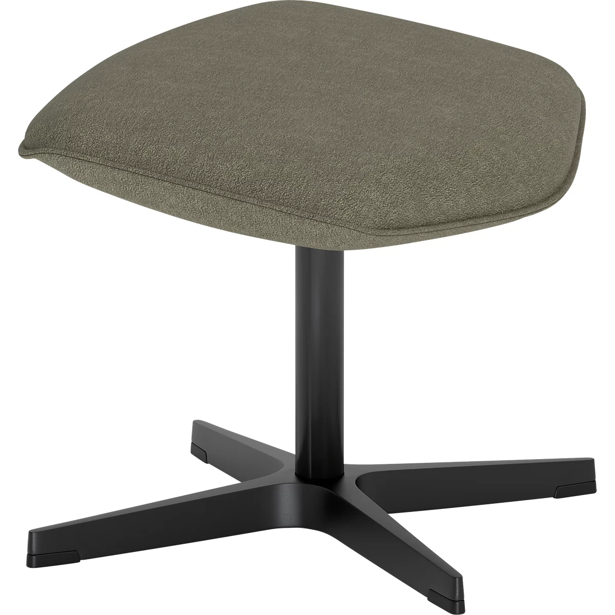 Un tabouret moderne avec un siège en tissu kaki sur une base noire à quatre pieds.
