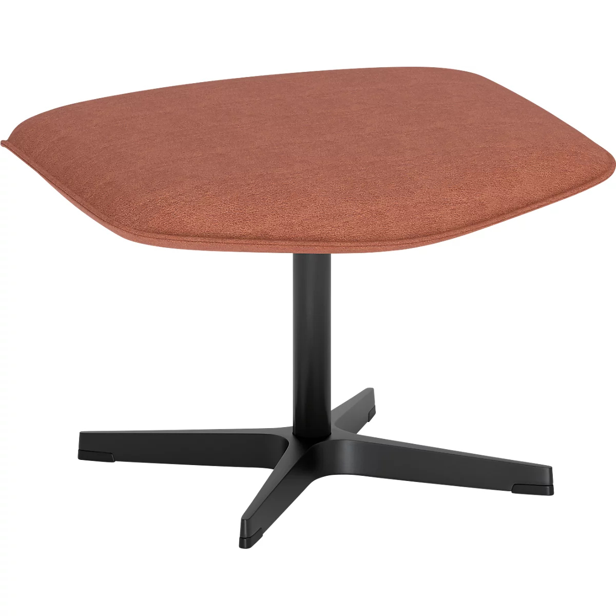 Tabouret avec rembourrage couleur terre cuite et piètement en croix noir sur fond blanc.