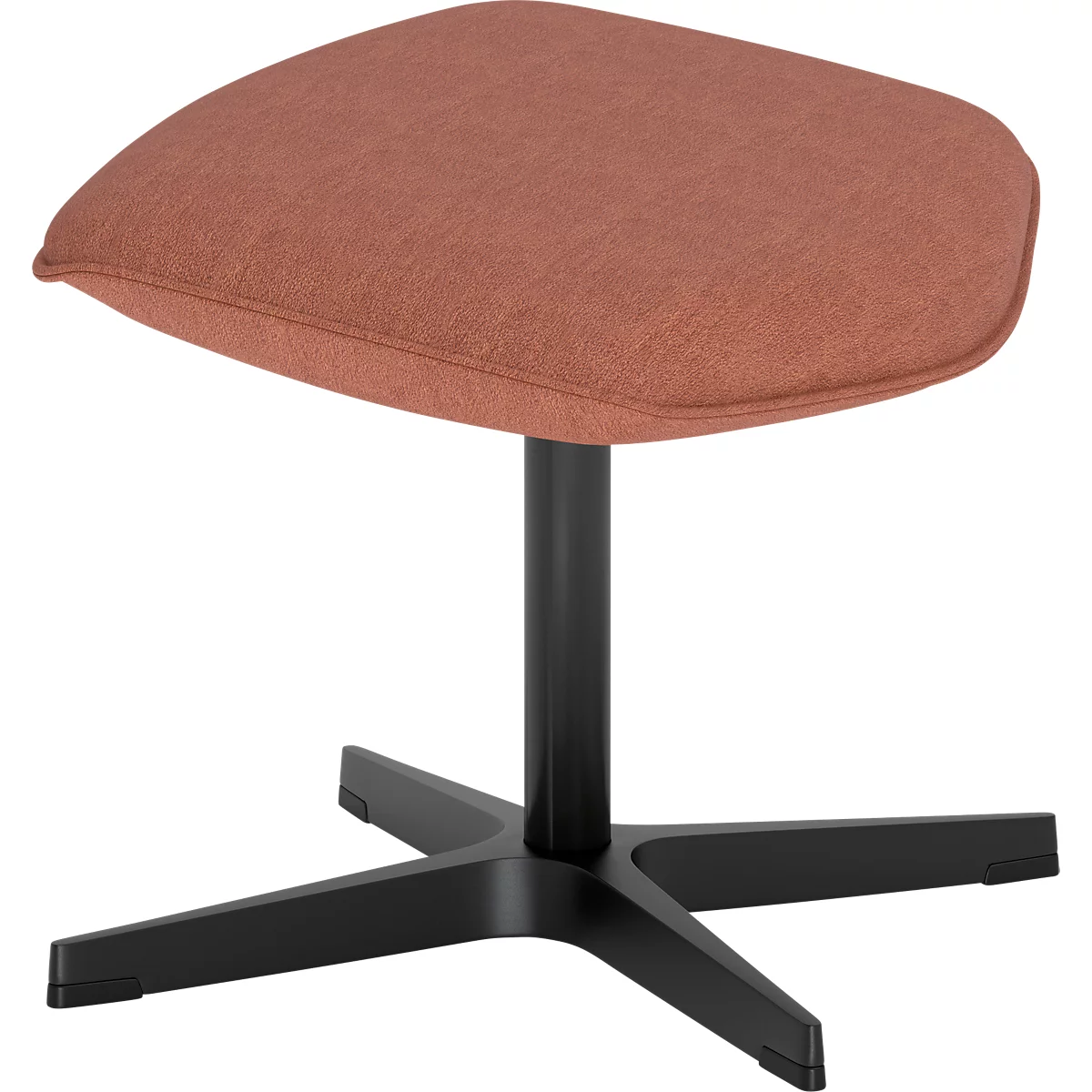 Tabouret avec assise en tissu terracotta sur un piètement noir à quatre branches sur fond blanc.