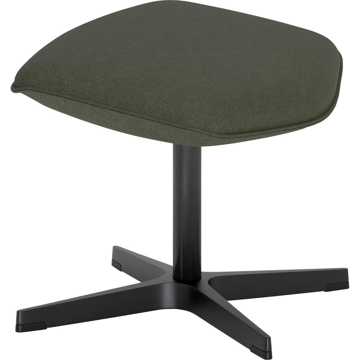 Tabouret avec assise rembourrée vert olive sur une base en croix métallique noire sur fond blanc.