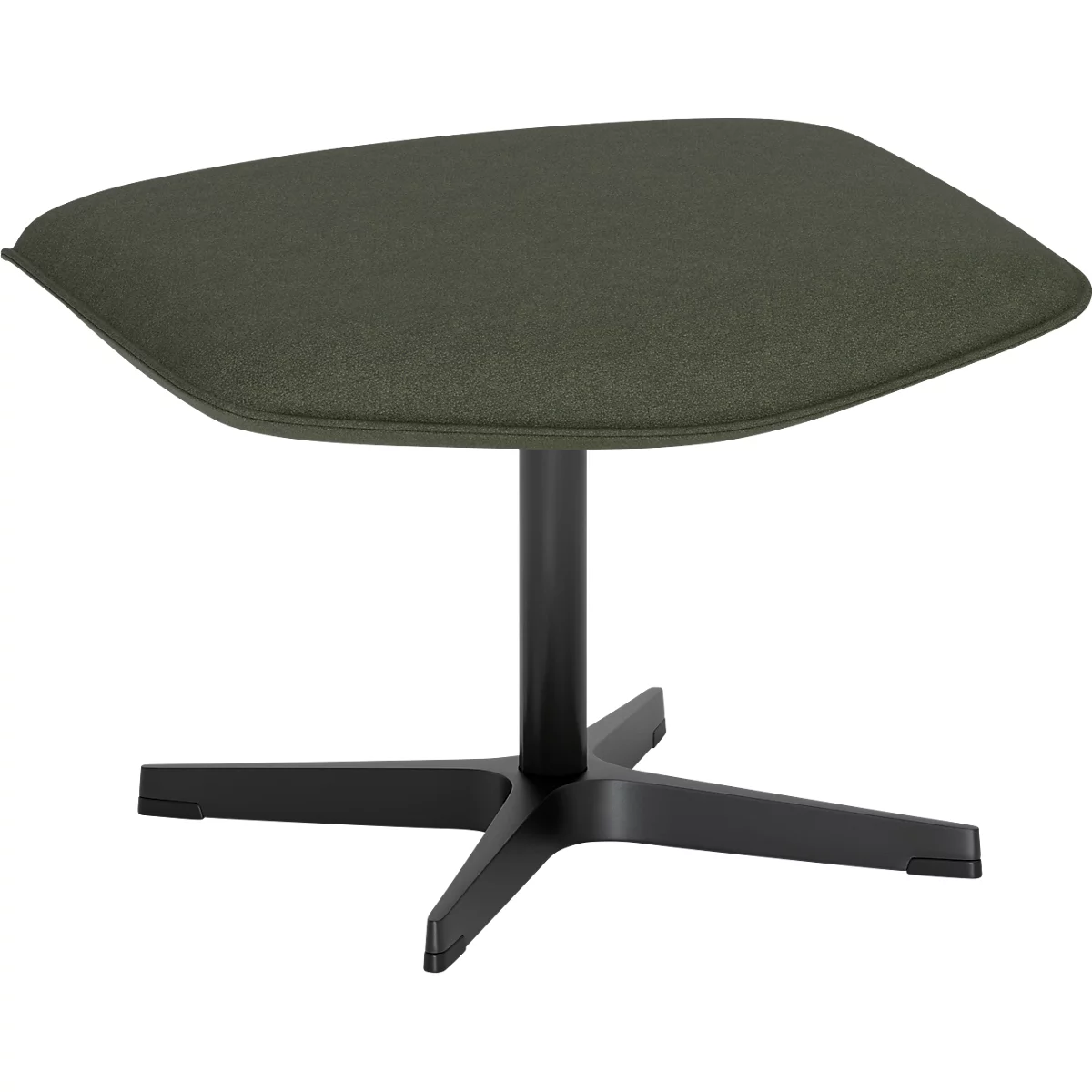 Repose-pieds moderne avec assise vert olive et piètement en étoile noir sur fond blanc.