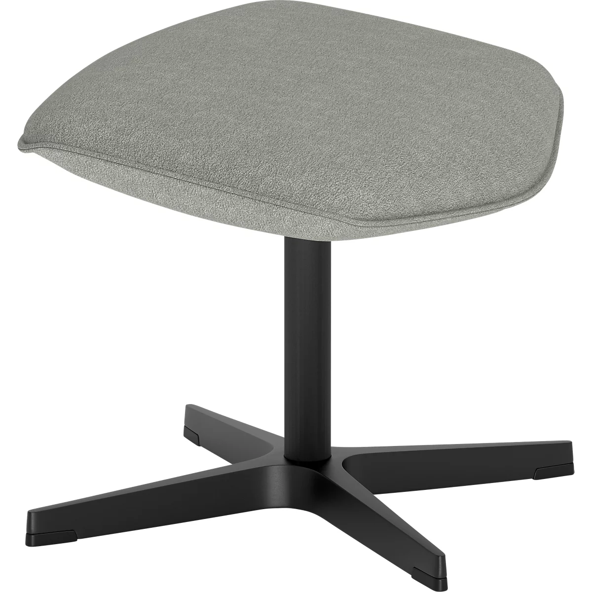Tabouret avec revêtement en tissu vert clair sur un piétement en croix noir à quatre branches.