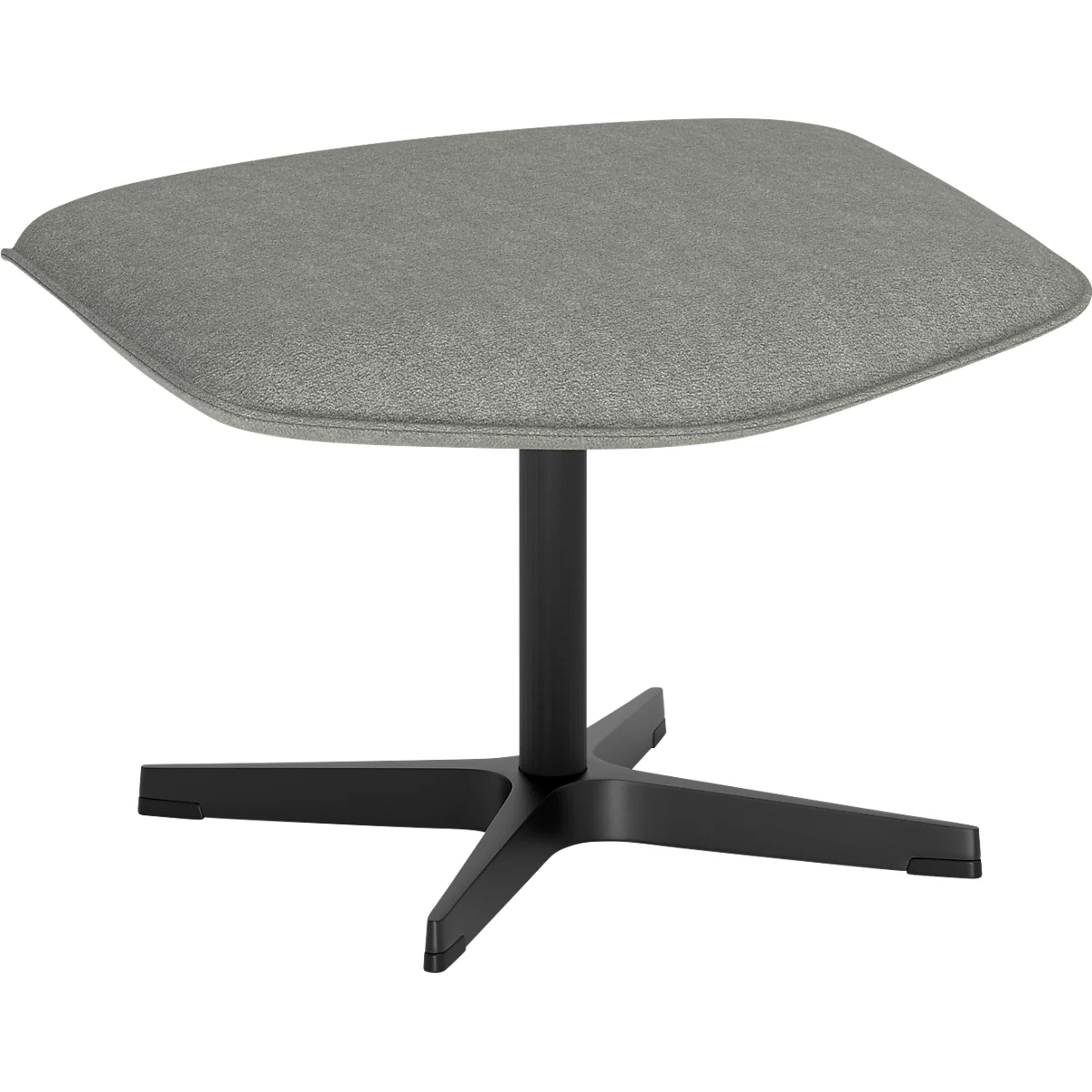 Repose-pied gris rembourré avec un piètement étoile noir, sur fond blanc.