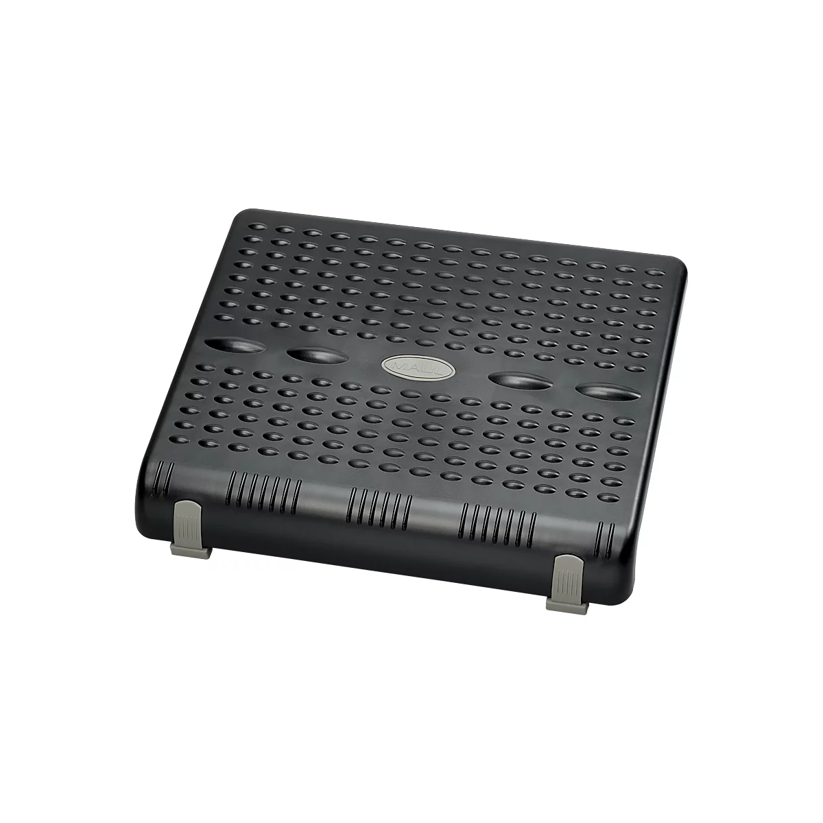 Support pour ordinateur portable noir avec de nombreux petits trous. Pieds gris qui soulèvent le support.