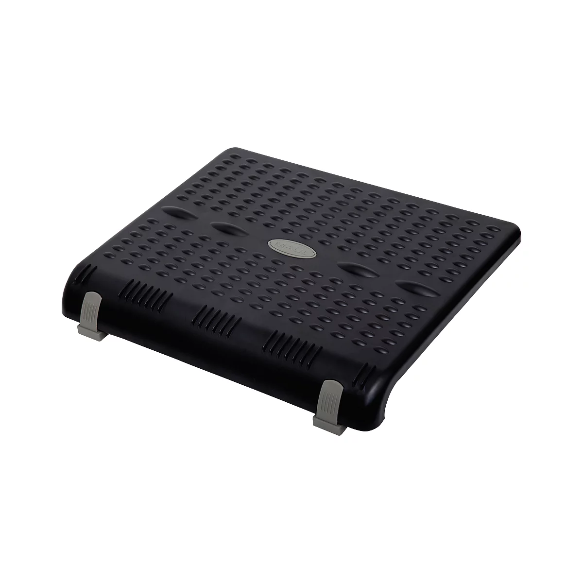 Repose-pieds noir avec trous et éléments gris.