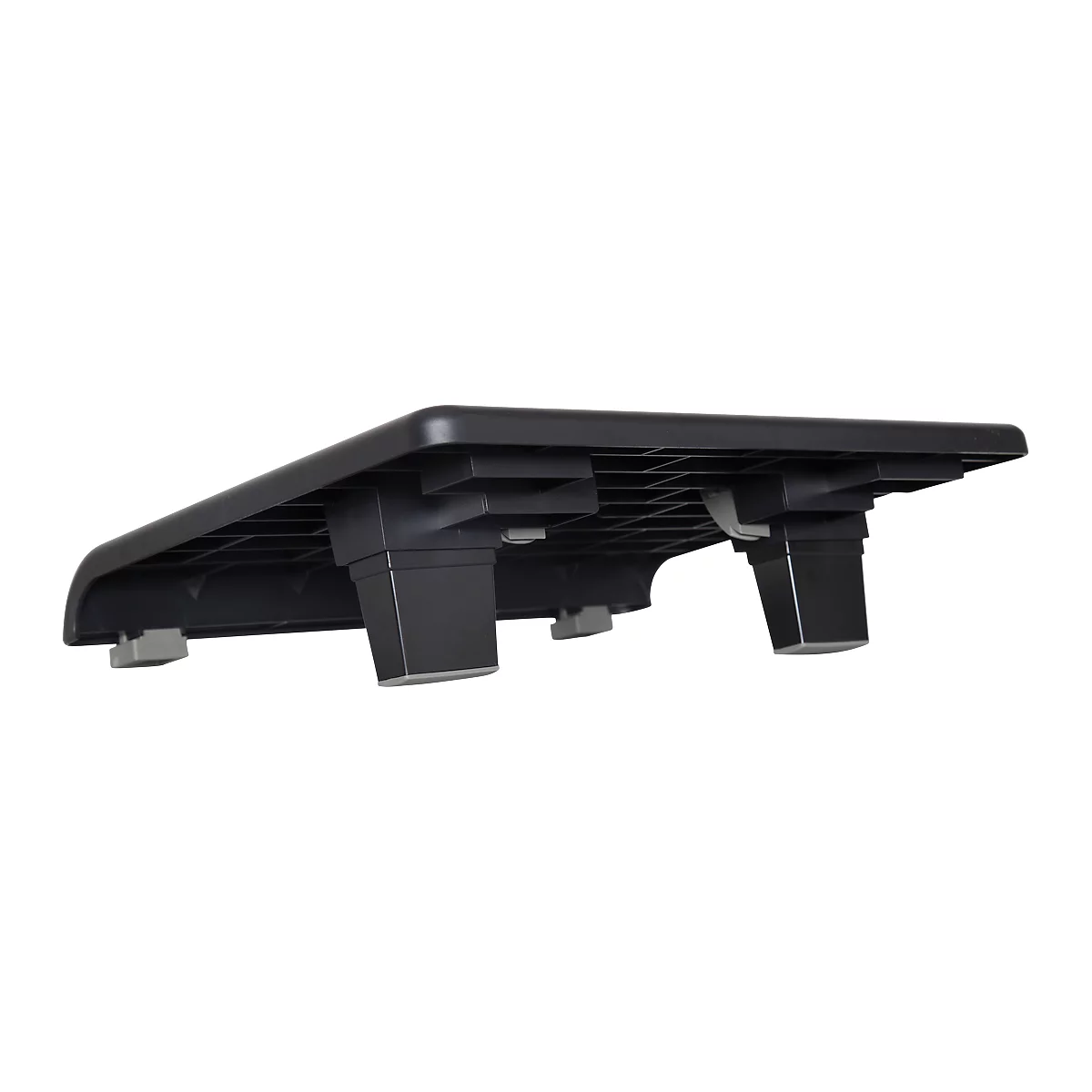 Pièce en plastique noir de forme rectangulaire avec supports. Clips gris et motif quadrillé en dessous.