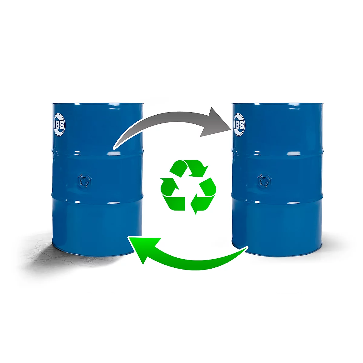 Deux fûts bleus avec symbole de recyclage et flèches. Logo IBS.