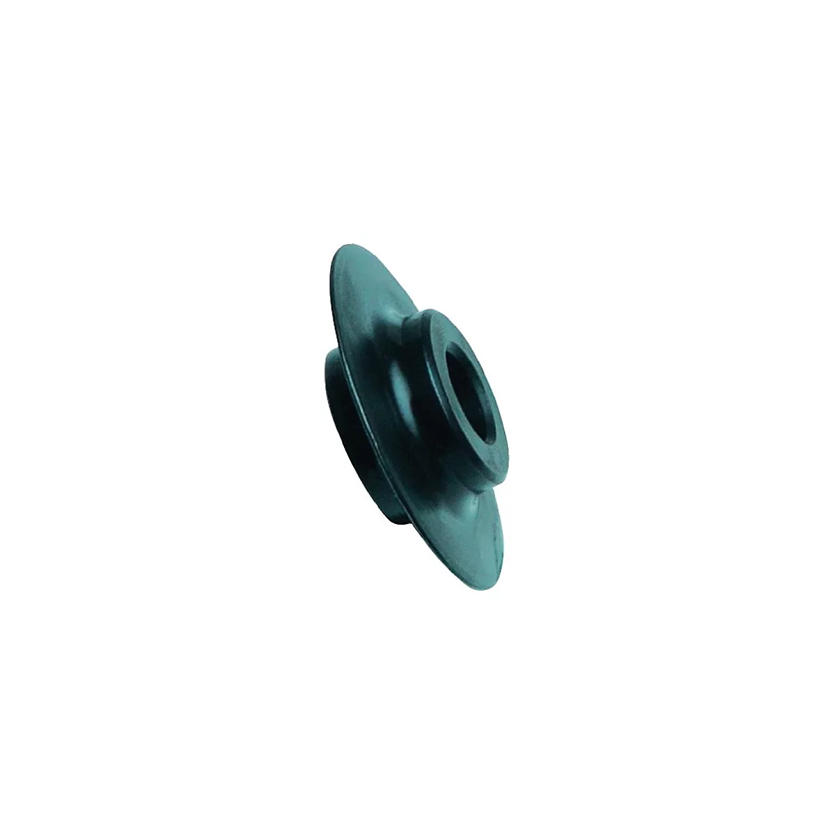Zwart, ringvormig object, waarschijnlijk een machineonderdeel. Het heeft een ronde opening en een platte, plaatachtige vorm.