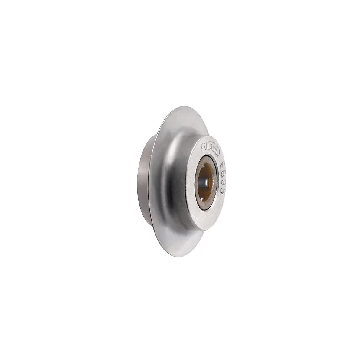 Close-up van een zilveren pijpsnijder met de tekst 'RIDGID E635'.