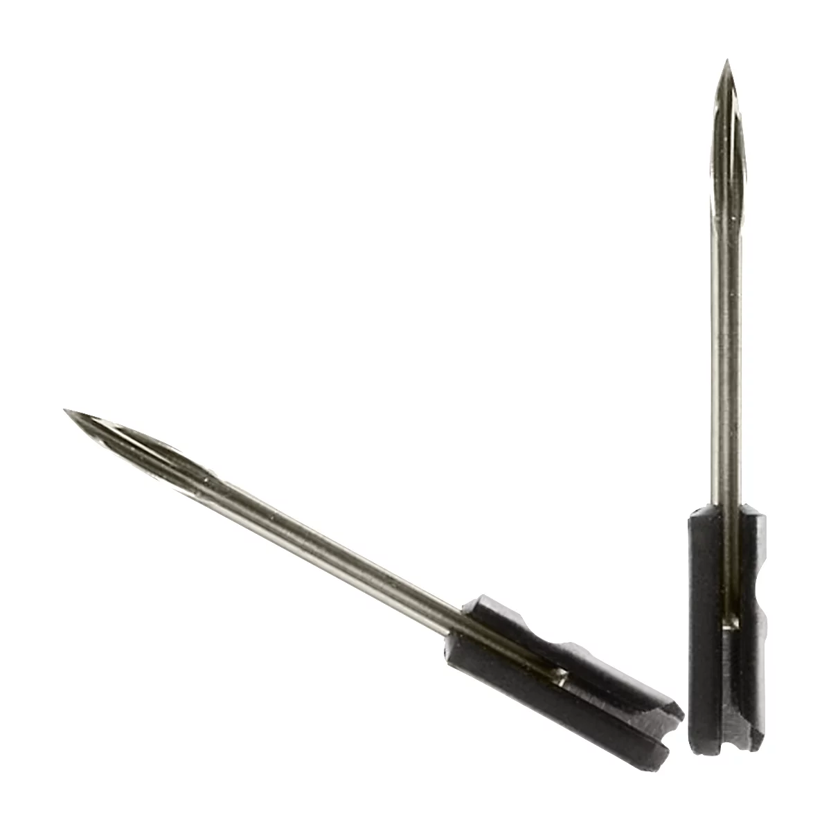 Twee naalden met zwarte handvatten, haaks op elkaar. Ze zijn puntig en langwerpig.