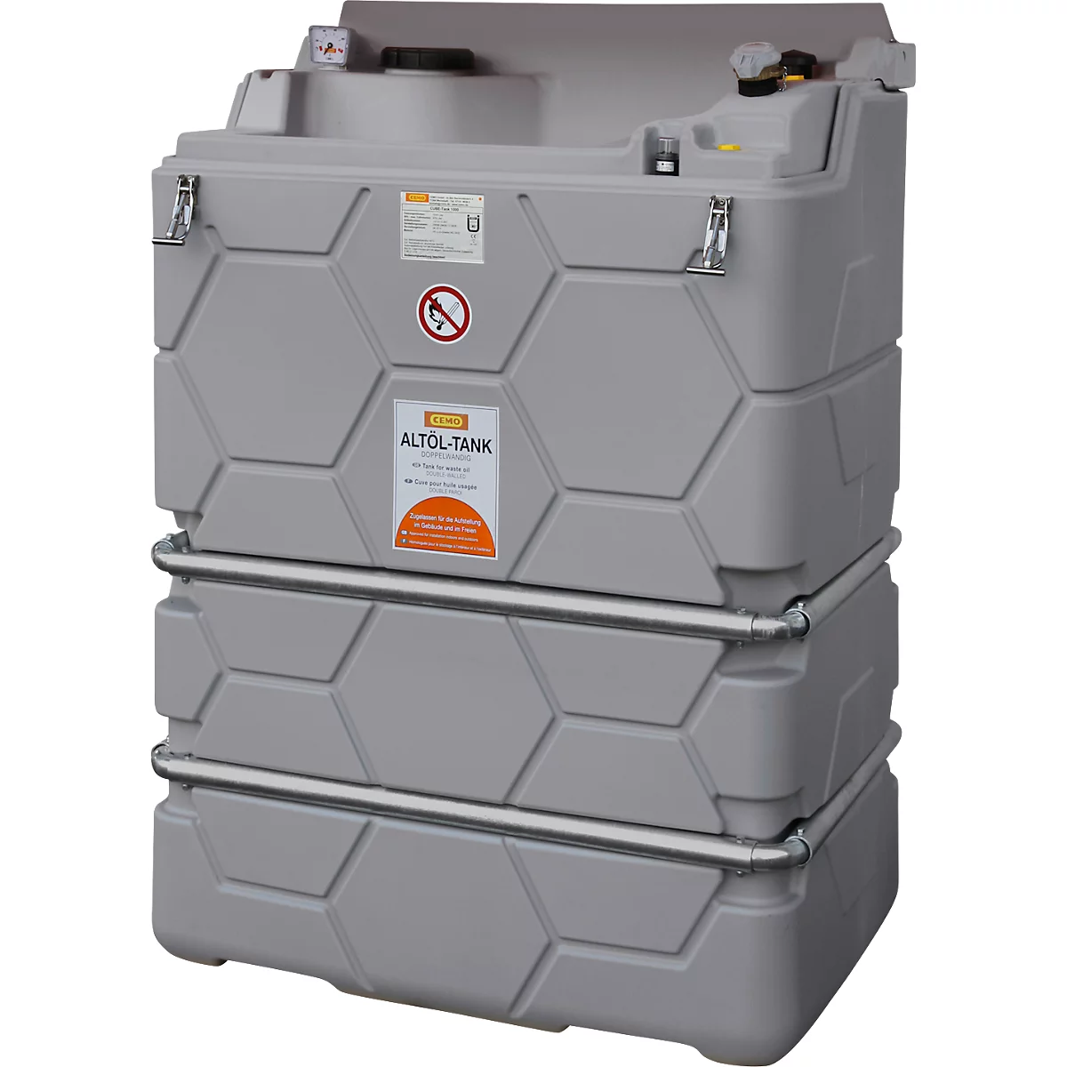 Réservoir d'huiles usées CEMO CUBE Intérieur, bac de récupération intégré, 2500 l, entonnoir de remplissage, indicateur de niveau, L 1200 x P 1800 x H 1740 mm