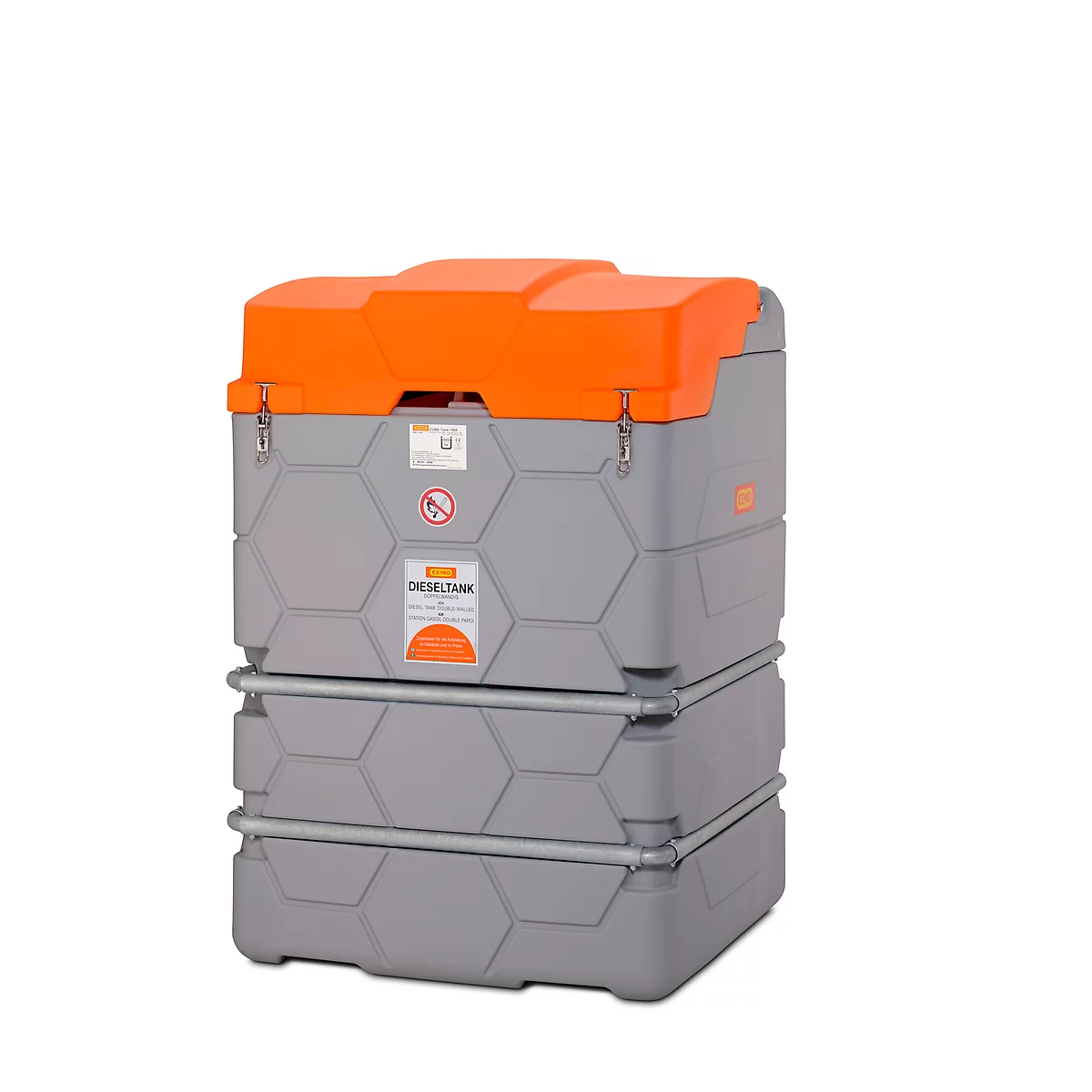 Réservoir de diesel CEMO CUBE Outdoor Basic, volume de 1500 l, couvercle à charnière, pompe électrique 230 V, L 1200 x P 1150 x H 1800 mm